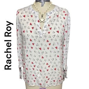 Rachel Roy Red & White Heart Blouse Large 3/4 Tie Sleeves V Neck Valentine's Day